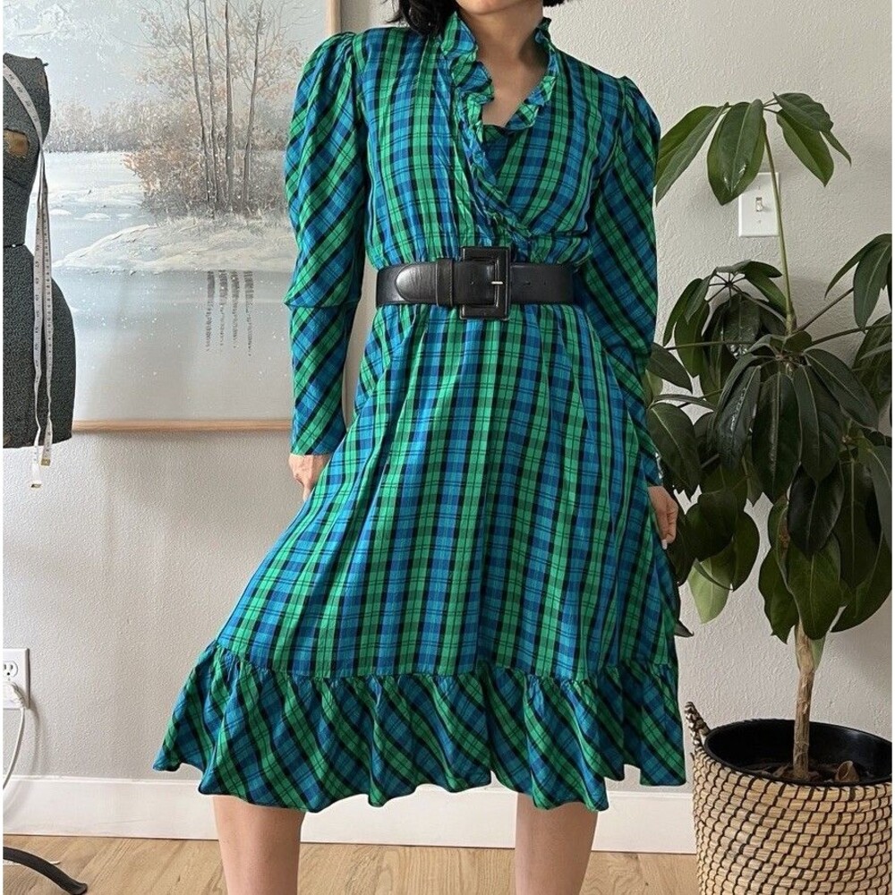 Vintage Taffeta Plaid Puff Sleeve Fit Flare Dress‎ small wrap top blue green